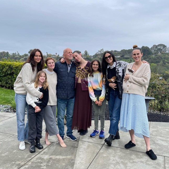 Demi Moore posts a photo of her daughters and herself with Bruce Willis, plus his wife Emma Heming and the rest of their family, on March 20, 2023, with caption: More from Bruce?s birthday yesterday