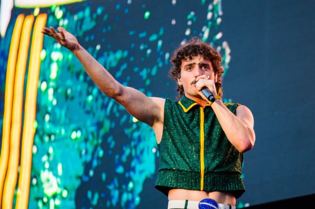 SAO PAULO, BRAZIL - MARCH 29: Benson Boone performs live on stage during day two of Lollapalooza Brazil at Autodromo de Interlagos on March 29, 2025 in Sao Paulo, Brazil. (Photo by Mauricio Santana/Getty Images)