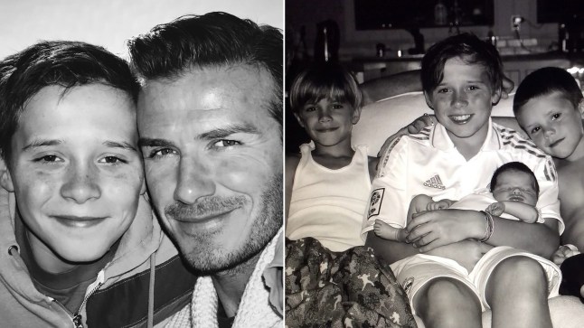 A composite image of David and Brooklyn Beckham from childhood