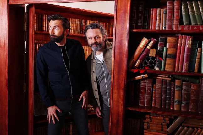 *** FREE FOR EDITORIAL USE *** Stars of Amazon Prime Video?s Good Omens David Tennant, Michael Sheen and writer Neil Gaiman surprise unsuspecting fans at a Good Omens themed escape room in Soho. The actors and legendary writer hid behind a secret door to give fans the surprise of their lives. The escape room forms part of a five-floor Good Omens inspired experience and exhibition, open from Friday to Sunday to coincide with the premiere of Good Omens on Prime Video on Friday, 31st May.