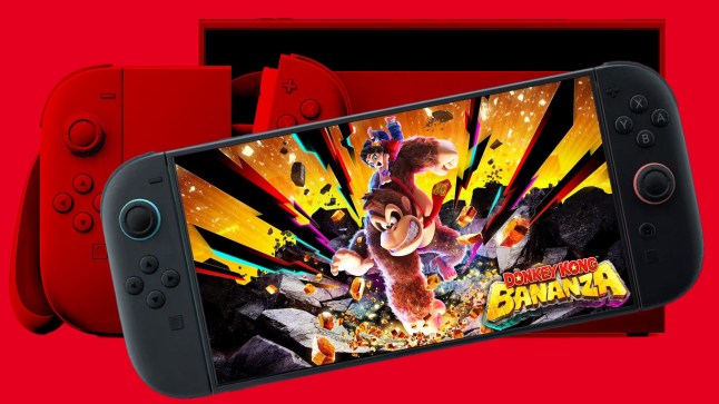 Donkey Kong Bananza key visual on Switch 2 over red background