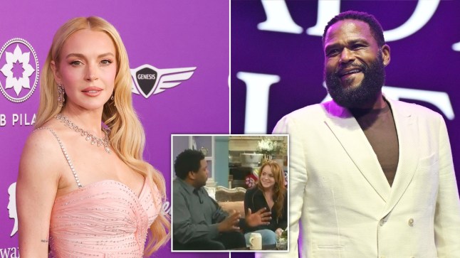 A split image of Lindsay Lohan and Anthony Anderson at separate events, with an inset image of their 2003 interview.