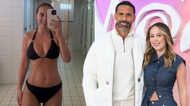 Kate Ferdinand poses in a black bikini for a bathroom selfie, and with her husband Rio Ferdinand in an all-white outfit, while she's in denim, at the Moana 2 premiere