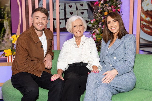 For use in UK, Ireland or Benelux countries only Undated BBC handout photo of Dame Mary Berry with hosts Alex Jones and Roman Kemp (left) during an episode of The One Show dedicated to celebrating her 90th birthday. Issue date: Monday March 17, 2025. PA Photo. See PA story SHOWBIZ Berry. Photo credit should read: Ruth Roxanne Board/BBC/PA Wire NOTE TO EDITORS: Not for use more than 21 days after issue. You may use this picture without charge only for the purpose of publicising or reporting on current BBC programming, personnel or other BBC output or activity within 21 days of issue. Any use after that time MUST be cleared through BBC Picture Publicity. Please credit the image to the BBC and any named photographer or independent programme maker, as described in the caption.