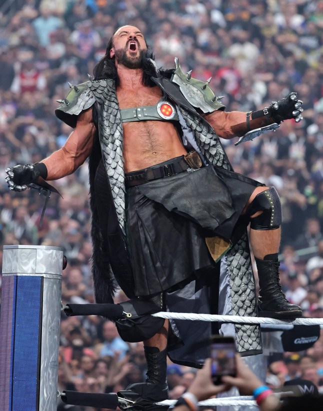 LAS VEGAS, NEVADA - APRIL 20: Drew McIntyre is introduced prior to the Sin City Street Fight against Damian Priest during WrestleMania 41 at Allegiant Stadium on April 20, 2025 in Las Vegas, Nevada. (Photo by Ethan Miller/Getty Images)