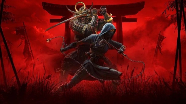 Assassin's Creed Shadows a samurai and ninja dramatically posing in opposite directions in front of a red cloudy background and a tori gate