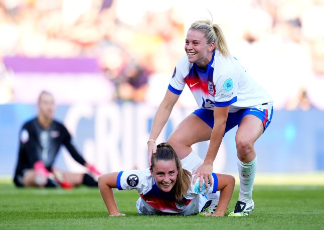 ZURICH, SWITZERLAND - JULY 09: Ella Toone of England celebrates with teammate Alessia Russo after after scoring her team's fourth goal during the UEFA Women's EURO 2025 Group D match between England and Netherlands at Stadion Letzigrund on July 09, 2025 in Zurich, Switzerland. (Photo by Aitor Alcalde - UEFA/UEFA via Getty Images)