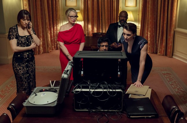 The Hostage. (L to R) Jehnny Beth as Pelletier, Julie Delpy as Vivienne, Lucian Msamati as Kofi, Suranne Jones as Abigail in Episode 1 of The Hostage. Cr. Des Willie/Netflix ?? 2025