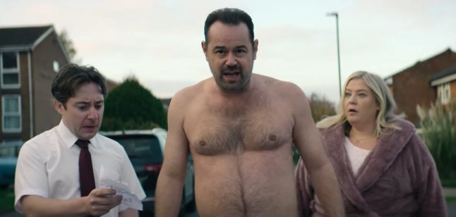Danny Dyer half-naked as Lee, Ryan Sampson as Lee and Harriet Webb as Kirsty in Mr Bigstuff