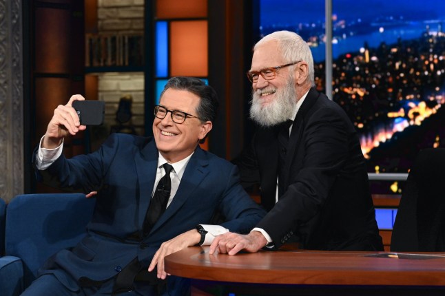 NEW YORK - NOVEMBER 20: The Late Show with Stephen Colbert and guest David Letterman during Monday's November 20, 2023 show. (Photo by Scott Kowalchyk/CBS via Getty Images)