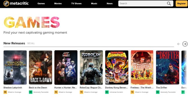 Metacritic Games home page