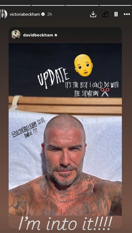 Victoria Beckham reposts David Beckham's Instagram story of his new hair
