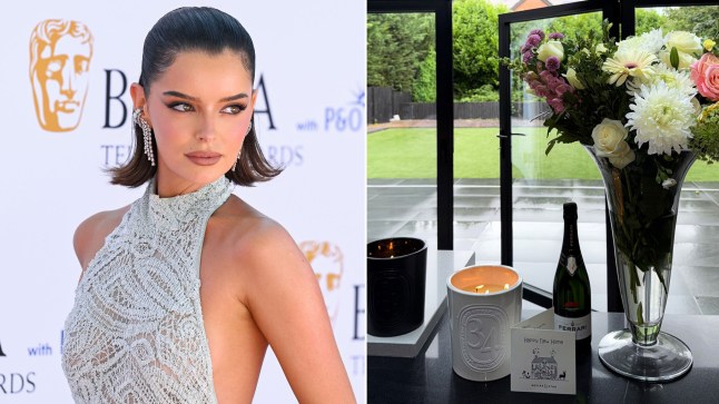 A compilation image of Maura Higgins at an event and a shot from inside her new home