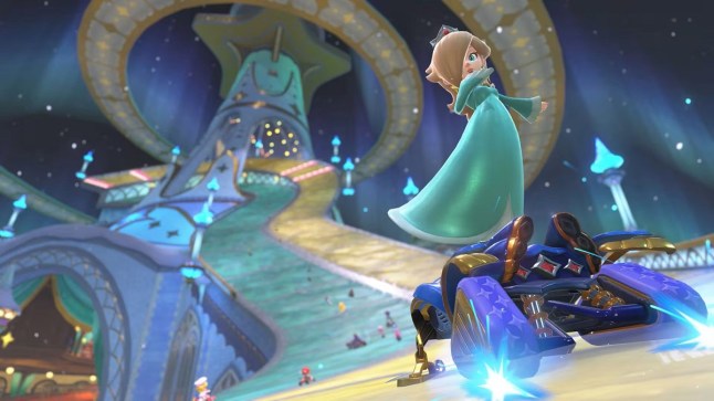 Mario Kart World Rosalina jumping out of go kart