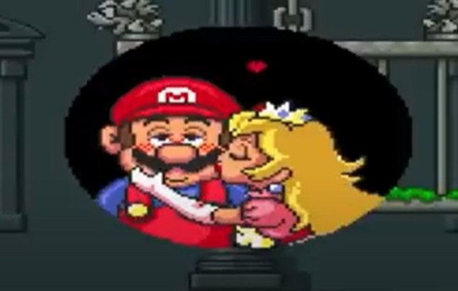 Princess Peach kisses Mario at the end of Super Mario All-Stars