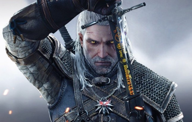 Geralt of Rivia staring and holding a sword in The Witcher 3 key art.