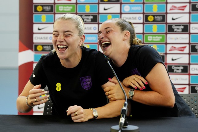 England's Alessia Russo (left) and Ella Toone react as they speak to the media at St George's Park, Burton upon Trent. Picture date: Tuesday June 17, 2025.
