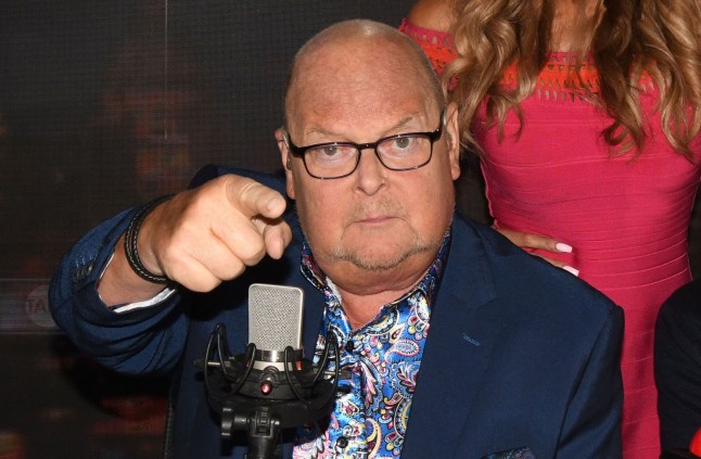 James Whale points a finger over a microphone during The James Whale Show on Talk TV
