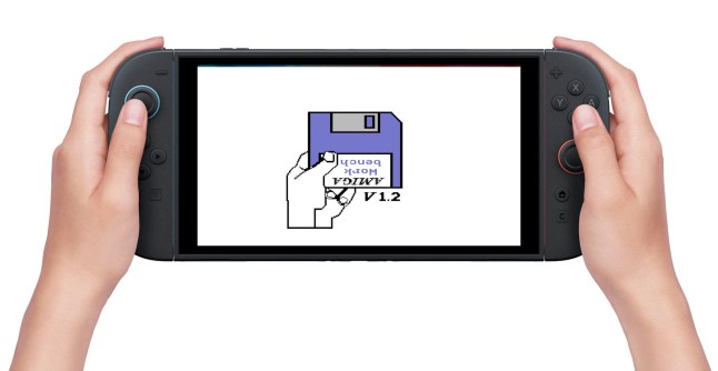 Nintendo Switch 2 with Amiga Workbench icon on the screen