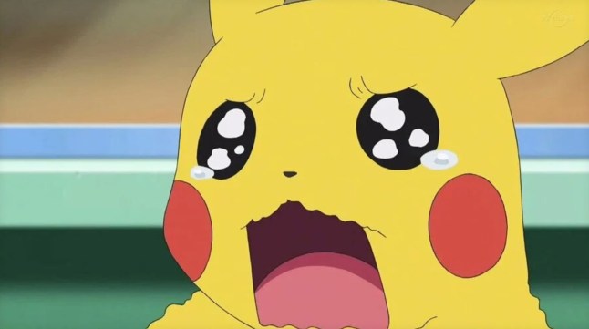 Pikachu looking very upset in the Pokémon anime.