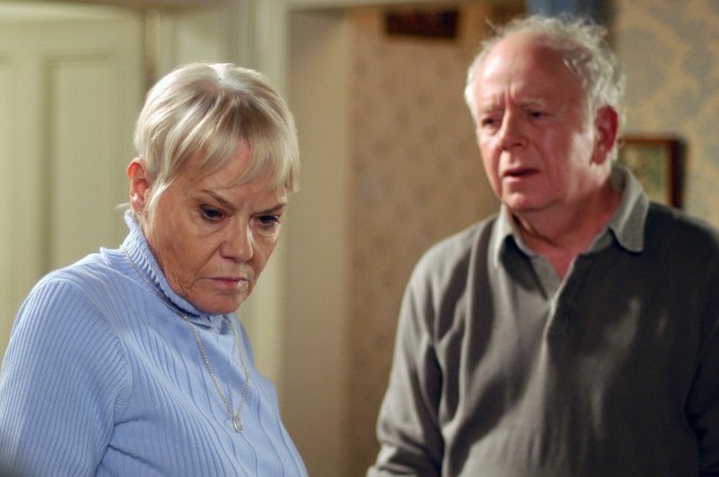 TELEVISION PROGRAMME...EASTENDERS Picture Shows: WENDY RICHARD as Pauline Fowler and RAY BROOKS as Joe Macer. TX: Friday 21st April 2006 Pauline probes Joe in pursuit of the truth - does Bert usually go out and nick things when he's broke? Pauline stomps round her front room picking up Bert's things and chucking them into a bin liner. Joe tells Pauline the truth - He and Bert were convicted thirteen years ago and he's been in prison three times. Pauline is furious. Joe reveals that Dot knew his secret, prompting an angry Pauline to storm round to Dot's WARNING: Use of this copyrighted image is subject to Terms of Use of BBC Digital Picture Service. In particular, this image may only be used during the publicity period for the purpose of publicising EASTENDERS and provided BBC is credited. Any use of this image on the internet or for any other purpose whatsoever, including advertising or other commercial uses, requires the prior written approval of the BBC. . WENDY RICHARD DIED 26/2/2009