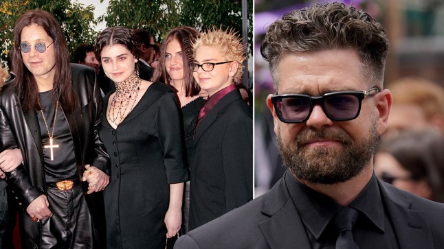A compilation image of Ozzy, Aimee, Kelly, and Jack Osbourne at an event in the 00s, and Jack Osbourne now