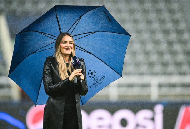 NEWCASTLE UPON TYNE, ENGLAND - OCTOBER 25: TNT presenter Laura Woods seen before the UEFA Champions League match between Newcastle United FC and Borussia Dortmund at St. James Park on October 25, 2023 in Newcastle upon Tyne, England. (Photo by Serena Taylor/Newcastle United via Getty Images)