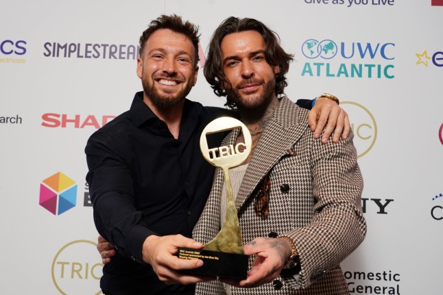 Sam Thompson and Pete Wicks with the Best Podcast award at the Television and Radio Industries Club (TRIC) awards 2025 at Grosvenor House Hotel, London. Picture date: Tuesday June 24, 2025. PA Photo. Photo credit should read: Ian West/PA Wire