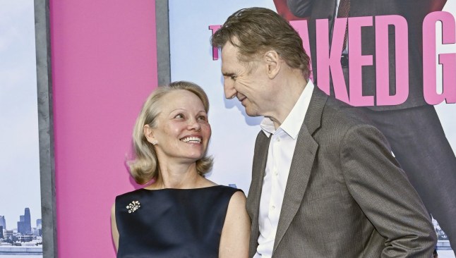 Pamela Anderson, left, and Liam Neeson attend the premiere of Paramount Pictures' "The Naked Gun" at the SVA Theater on Monday, July 28, 2025, in New York. (Photo by Evan Agostini/Invision/AP)