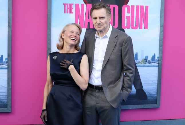 TOPSHOT - Canadian-US actress Pamela Anderson and British actor Liam Neeson attend the US premiere of Paramount Pictures's "The Naked Gun" in New York City on July 28, 2025. (Photo by CHARLY TRIBALLEAU / AFP) (Photo by CHARLY TRIBALLEAU/AFP via Getty Images)