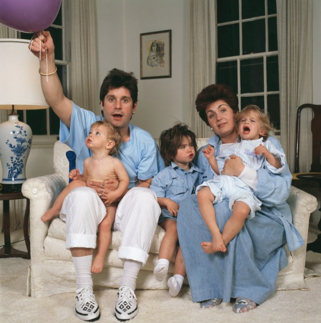 English rock singer Ozzy Osbourne and his wife Sharon and their children Aimee, Kelly and Jack, USA, 1987. (Photo by Dave Hogan/Hulton Archive/Getty Images)