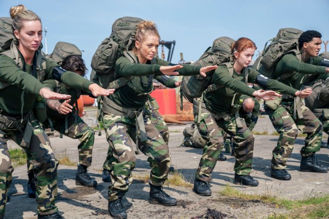 Michaella McCollum, Hannah Spearritt, Tasha Ghouri and Conor Benn in squat position at Fast Boat Extraction location in Celebrity SAS