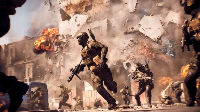 Battlefield 6 screenshot of soldiers running from a falling building