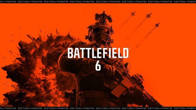 Battlefield 6 Phantom Edition key visual soldier in black in front of bright red background