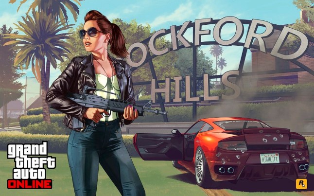 A woman in GTA Online, wearing shades while holding a gun in front of car riddled with bullet holes.
