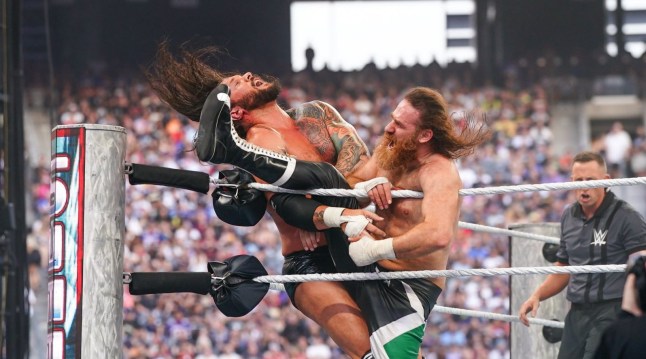 EAST RUTHERFORD, NEW JERSEY - AUGUST 2: Sami Zayn in action against Karrion Kross during SummerSlam at MetLife Stadium on August 2, 2025 in East Rutherford, New Jersey. (Photo by Craig Melvin/WWE via Getty Images)