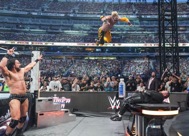 EAST RUTHERFORD, NEW JERSEY - AUGUST 2: Logan Paul in action against Jelly Roll during SummerSlam at MetLife Stadium on August 2, 2025 in East Rutherford, New Jersey. (Photo by Georgiana Dallas/WWE via Getty Images)