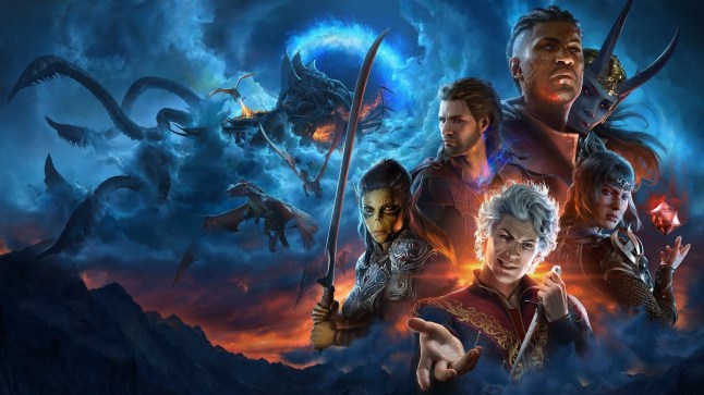 Baldur's Gate 3 key art depicting the main party of characters as giant tentacles emerge from dark clouds in the sky