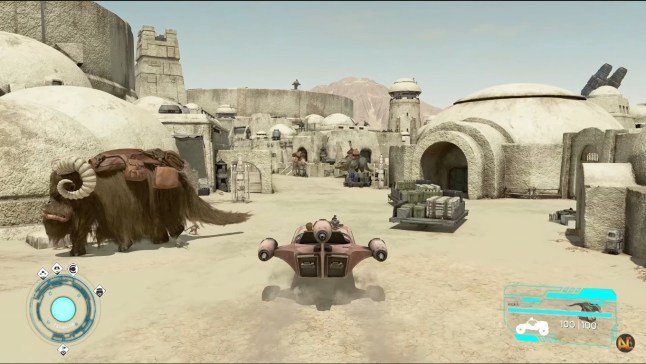 Star Wars Genesis screenshot of a landspeeder in Mos Eisely