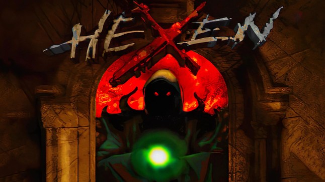 Hexen key art of a wizard with with glowing eyes