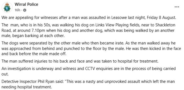 A statement by Wirral Police on the attack of Lee Hollywood