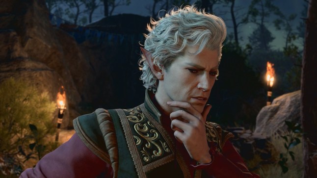 Baldur's Gate 3 Astarion holding his hand to his chin in thought